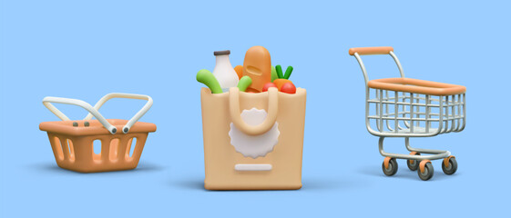 Collection with shopping basket, paper bag with milk, loaf, and vegetables, and trolley on blue background with place for text. Vector illustration in 3D style