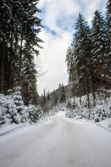Winter mountain landscape with snowy extreme forest road in the Carpathian mountains, outdoor travel and transportation background