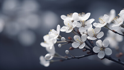 Delicate White Cherry Blossoms on Dark Background