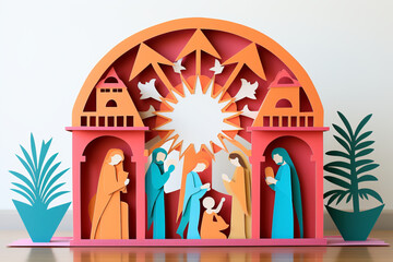 Paper cut out festive nativity scene