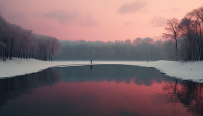 Solitary Figure by Lake in Winter Twilight