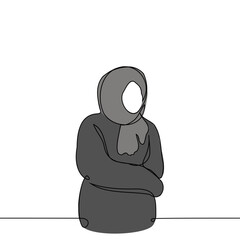 person stands in a puffy down jacket with his head wrapped in a large scarf - one line art vector. concept of freezing, freezing, insulating, cold winter, heating off