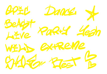 Collection of graffiti street art tags with words and symbols in yellow color on white background