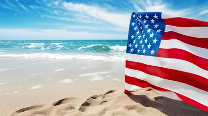 American Flag on the Beach. 4th of July Independence, Memorial or Presidents Day. US starry striped patriotic symbol. Summer vacations. Ocean sand. Bright sunny day. Salt water
