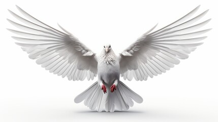 A white dove isolated against a pure white backdrop