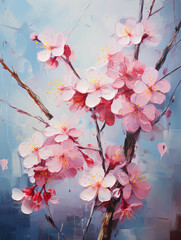 A Painting Of Pink Flowers On A Branch - Sakura Bloom Japanese Art