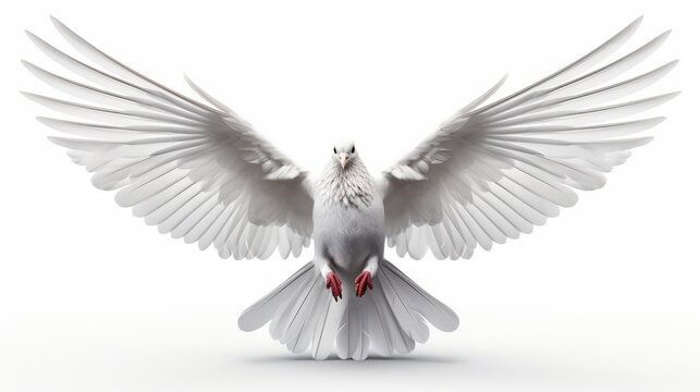 A white dove isolated against a pure white backdrop
