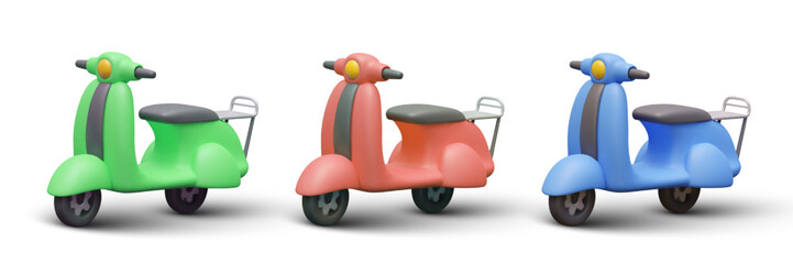 Set of realistic scooters in different colors. Modern electric vehicle with trunk. Blue, green, red moped. Courier delivery. Isolated vector illustration