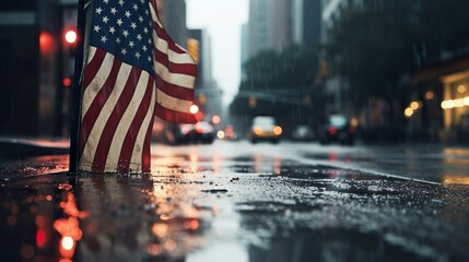 american flag on the street to celebrate independence day in the rain - obrazy, fototapety, plakaty