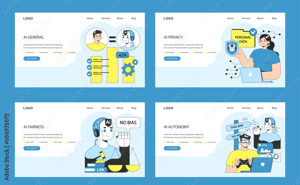 Poster ai ethics web or landing set. artificial intelligence alignment and regulation. accountability, sing