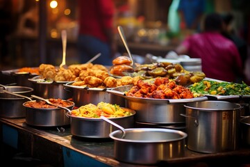 Street food from India, featuring a delectable assortment of samosas, chaat, and pakoras - obrazy, fototapety, plakaty