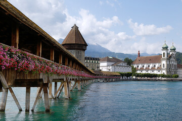 View of the Chapel Bridge on river Reuss in historic city of Lucerne, Switzerland
