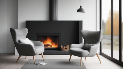Nordic Coziness: A Modern Living Room Oasis with Grey Chair and Fireplace