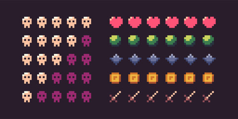 Pixel game ui icons. Retro 8 bit GUI elements, old school video game sprite graphic signs, colorful gaming bar asset. Vector isolated set - obrazy, fototapety, plakaty