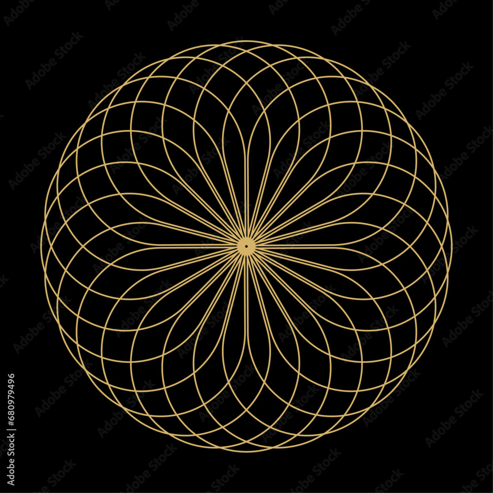 Poster abstract luxury gold lines weaving pattern in circle shape, golden light fractal isolated on black b