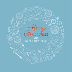 Vector Christmas wreath made of individual parts of a bicycle. Text Merry Christmas And Happy New Year. Isolated on blue background. 