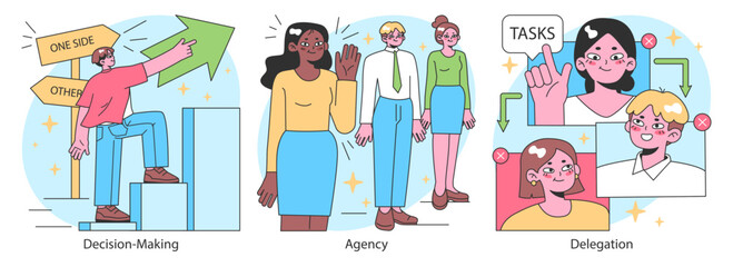 Empowerment set. Confident office employees, inclusive team collaboration. Worker autonomy in decision-making, business capacity building, task delegation. Flat vector illustration.