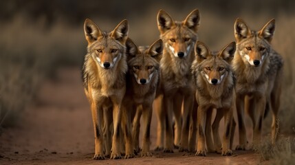 Group of jackals standing. Wildlife Concept. Wilderness. - obrazy, fototapety, plakaty