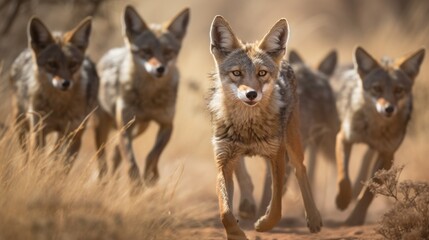 Coyote (Canis mesomelas) - Kalahari desert. Wildlife Concept. Wilderness. - obrazy, fototapety, plakaty