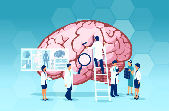 Vector of a group of scientists and doctors study human brain and psychology. Medical neurology research