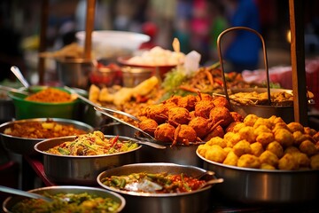 Indian street food, including samosas, chaat, and pakoras