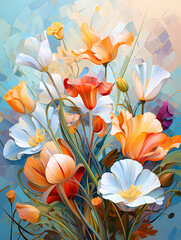 A Painting Of Flowers On A Blue Background - Some flowers in the garden