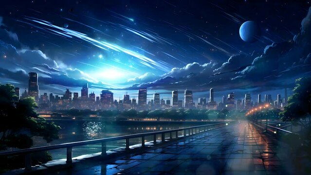 Awsome night cityscape on anime style. Seamless animation 4k video