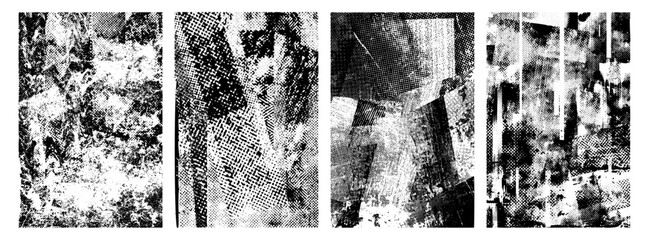 Punk grunge distressed poster backgrounds. Overlay poster texture with splatters, scratches, rough halftone pattern. Cyber grange contemporary surface for banners, flyers, templates. Vector illustrati
