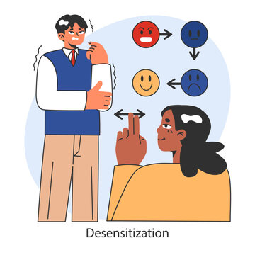 Overcoming fears strategy. Therapeutic process of desensitization depicted with patient and therapist. Shifting emotional responses to stress. Flat vector illustration.