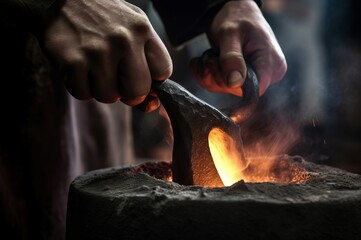 Blacksmith hand crafting hot work. Metal heat old worker smith. Generate Ai - Powered by Adobe