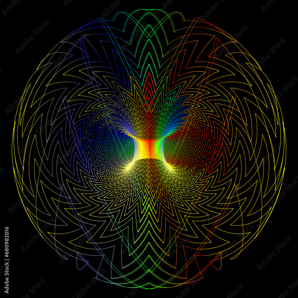 Poster futuristic holographic token or digital code sign design. glowing round pattern of many colorful lin
