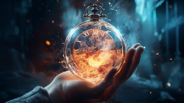 Person hand holding alarm clock burning and melting, abstract Time To Act, Deadline or Time Is Running Out concept