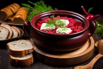 In a traditional clay pot, you'll find the iconic Ukrainian soup, borscht