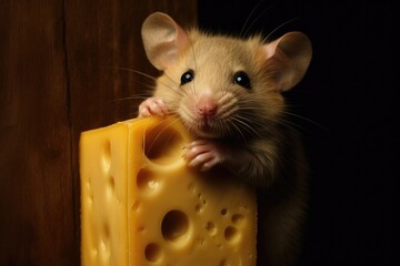 Cheese Temptation: A Clever Mouse Holds onto a Delicious Piece of Cheese
