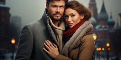  Portrait of a Beautiful couple with a Background of a City in Winter