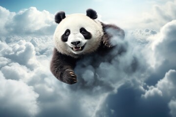 A Playful Panda Bear Soaring Above Fluffy Clouds in the Sky - obrazy, fototapety, plakaty