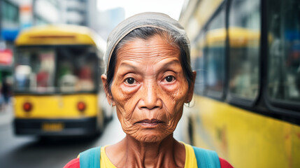 Confident Elderly Asian Woman with a Stern Look in Urban Setting