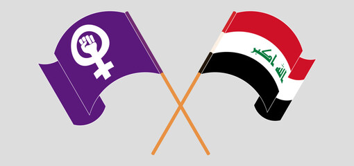 Crossed and waving flags of Feminism and Iraq