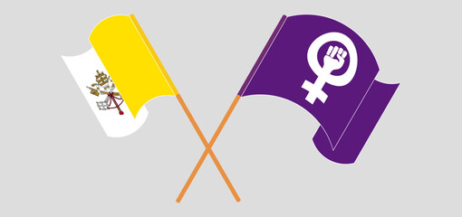 Crossed and waving flags of Vatican and Feminism