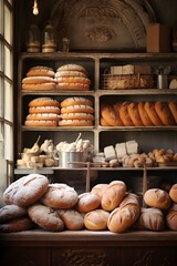 Bakery shelves adorned with different types of bread