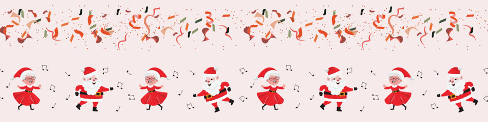 Cartoon seamless pattern with. dancing Santa Claus and his wife