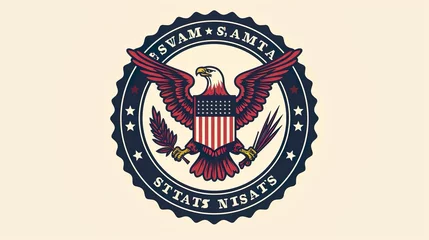 Foto op Canvas flat emblem set of logo depicting a US eagle with shield on it holding arrows and a branch with a laurel wreath beneath for American justice related purposes. © Damerfie