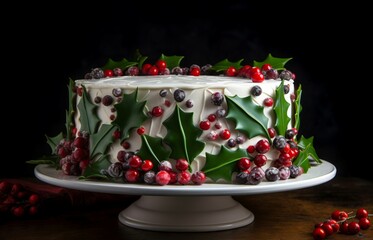 Cake decorated with edible holly leaves. Festive Christmas holiday traditional dessert. Generate ai