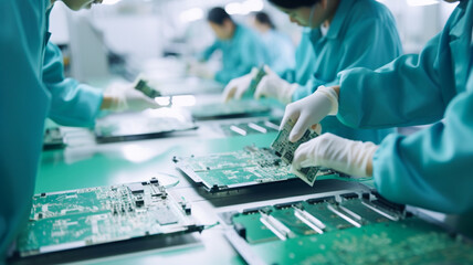 Closeup shot of hands, electronics factory workers assembling circuit boards by hand while it stands on the assembly line.
