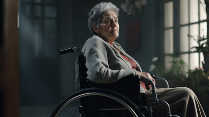 sad looking unhappy old woman sits alone in a wheelchair.