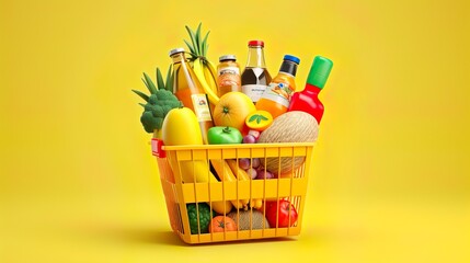 Basket with foods on yellow background. Supermarket shopping concept. 3d rendering - obrazy, fototapety, plakaty