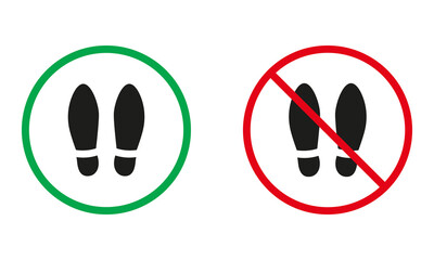 Footwear Allowed And Prohibited Circle Symbol. Pair Shoe Warning Sign. No Casual Shoe Silhouette Icons Set. Isolated Vector Illustration - obrazy, fototapety, plakaty