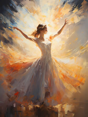 A Woman In A White Dress With Her Arms Outstretched - The ballerina soaring against the coming sun