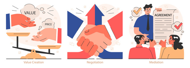 Win-win set. Professionals, employees navigate challenges, finding mutual success. Compromise, synergy and collaboration in negotiation process. Flat vector illustration. - obrazy, fototapety, plakaty