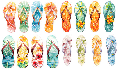 Watercolor floral flip-flops set on a transparent background - obrazy, fototapety, plakaty